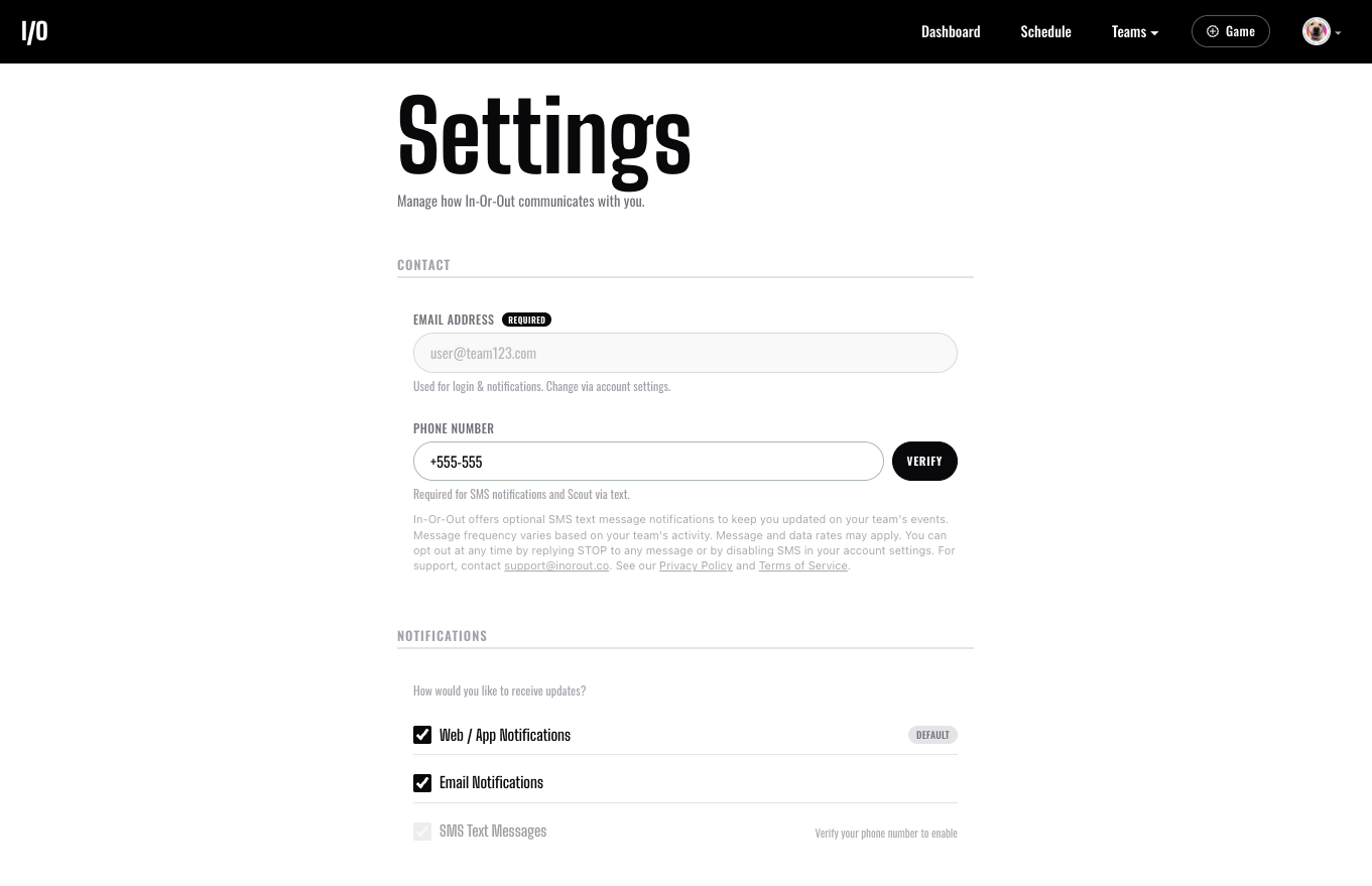 In or Out Settings page showing the phone number field with Verify button, the SMS program disclosure text, and the SMS Text Messages notification preference disabled until the phone number is verified